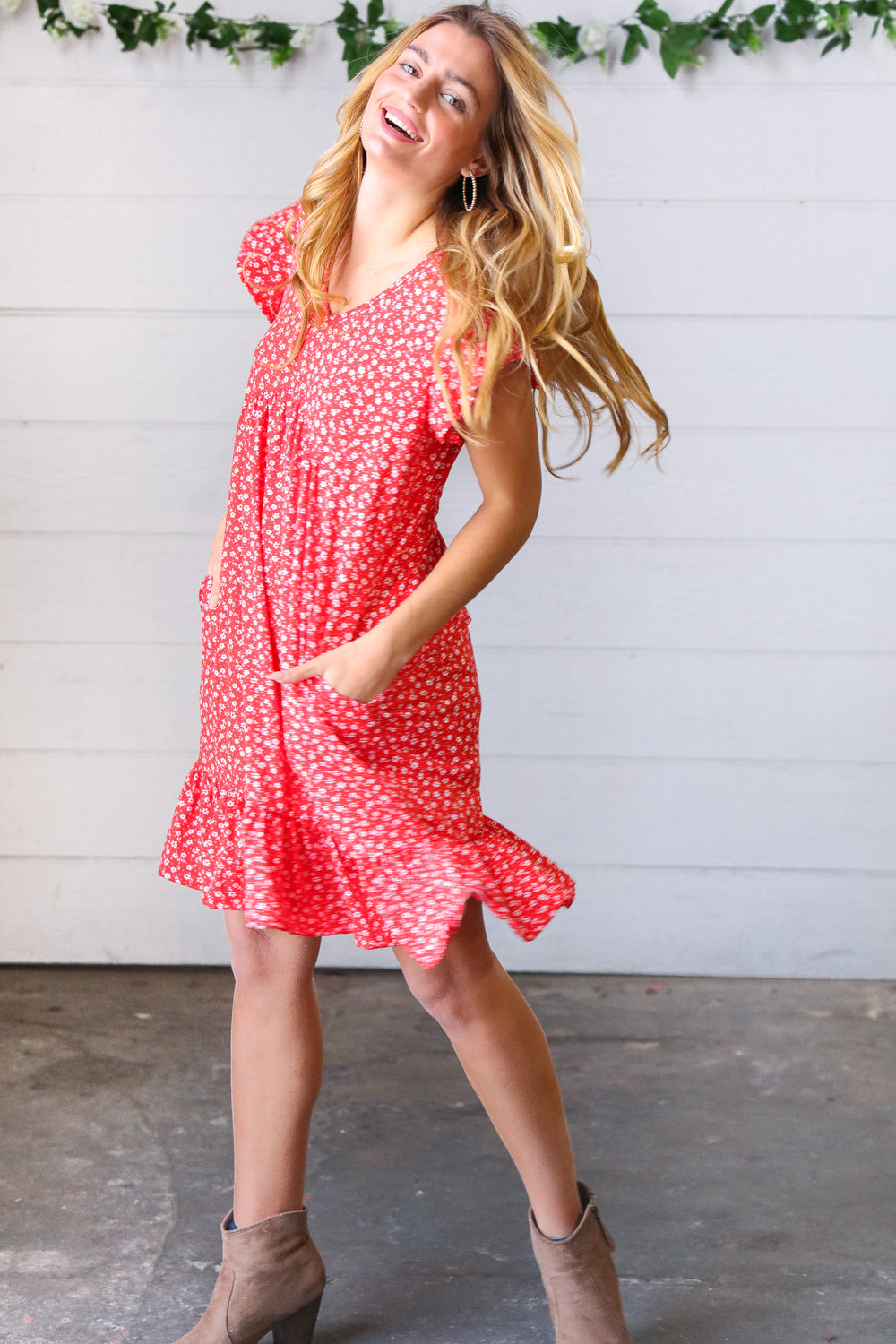Cherry Red Ditzy Floral Babydoll Midi Dress