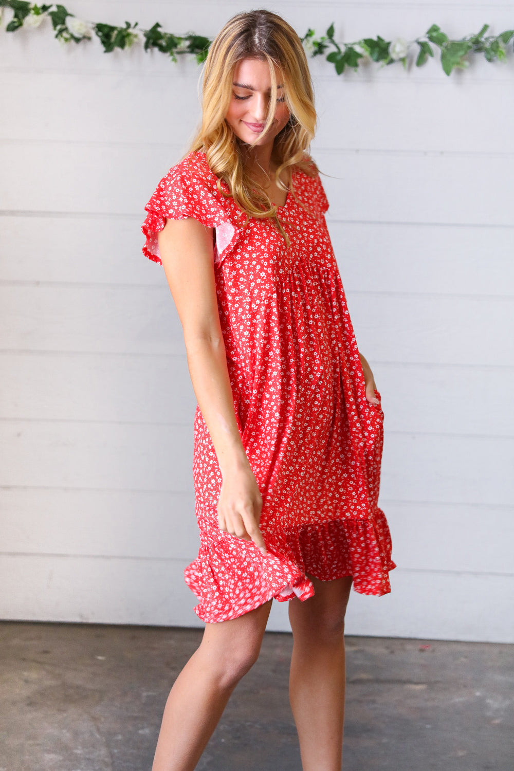 Cherry Red Ditzy Floral Babydoll Midi Dress