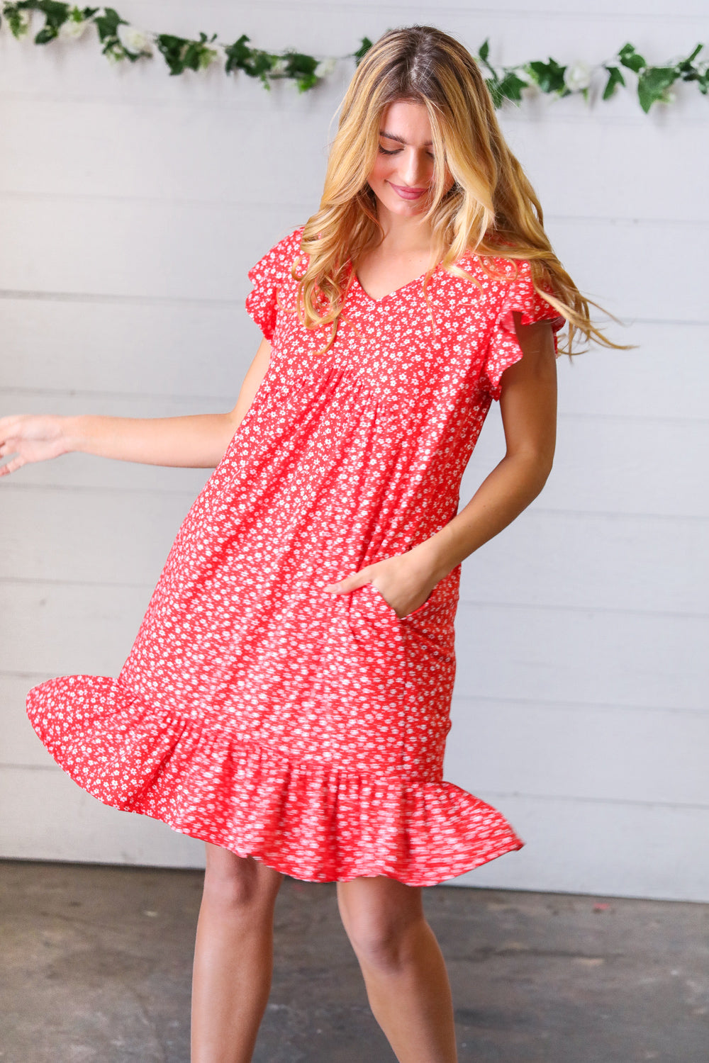Cherry Red Ditzy Floral Babydoll Midi Dress