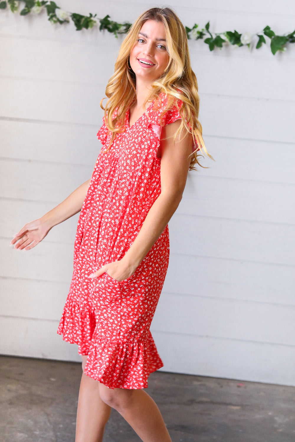 Cherry Red Ditzy Floral Babydoll Midi Dress