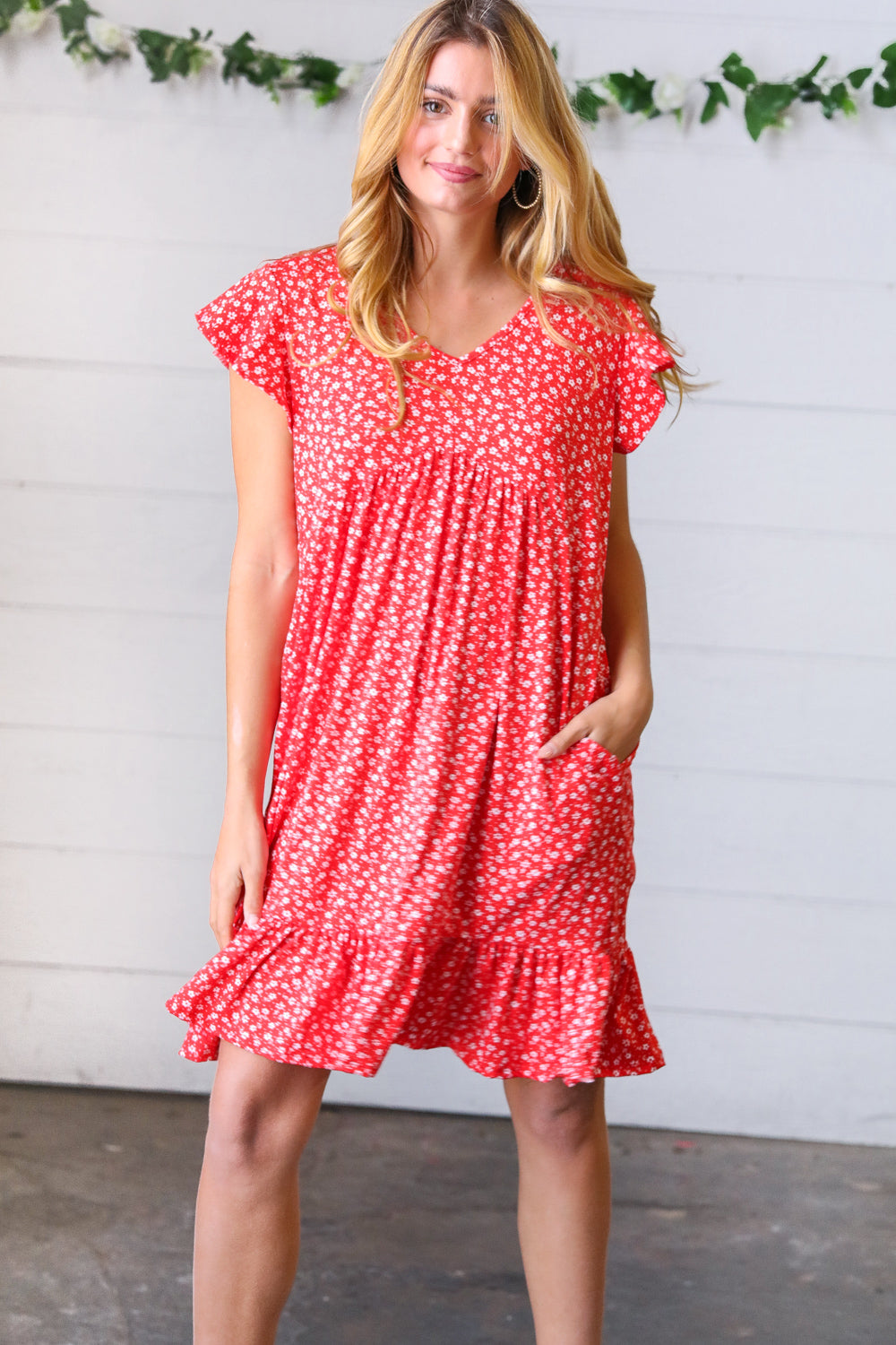 Cherry Red Ditzy Floral Babydoll Midi Dress