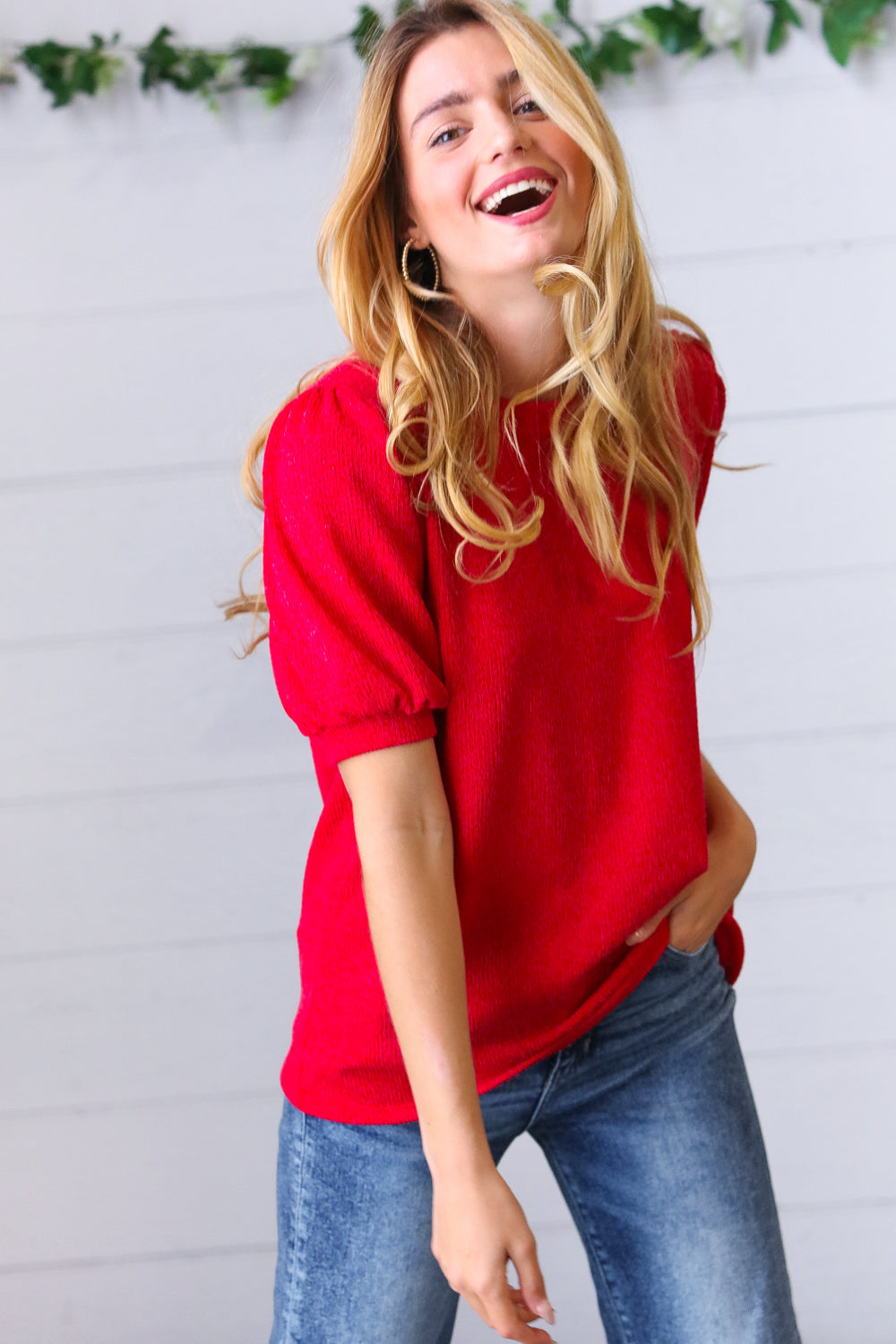 Candy Red Puff Sleeve Two-Tone Sweater Top