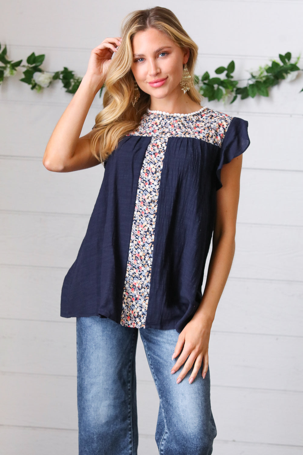 Navy Floral Embroidered Flutter Sleeve Top