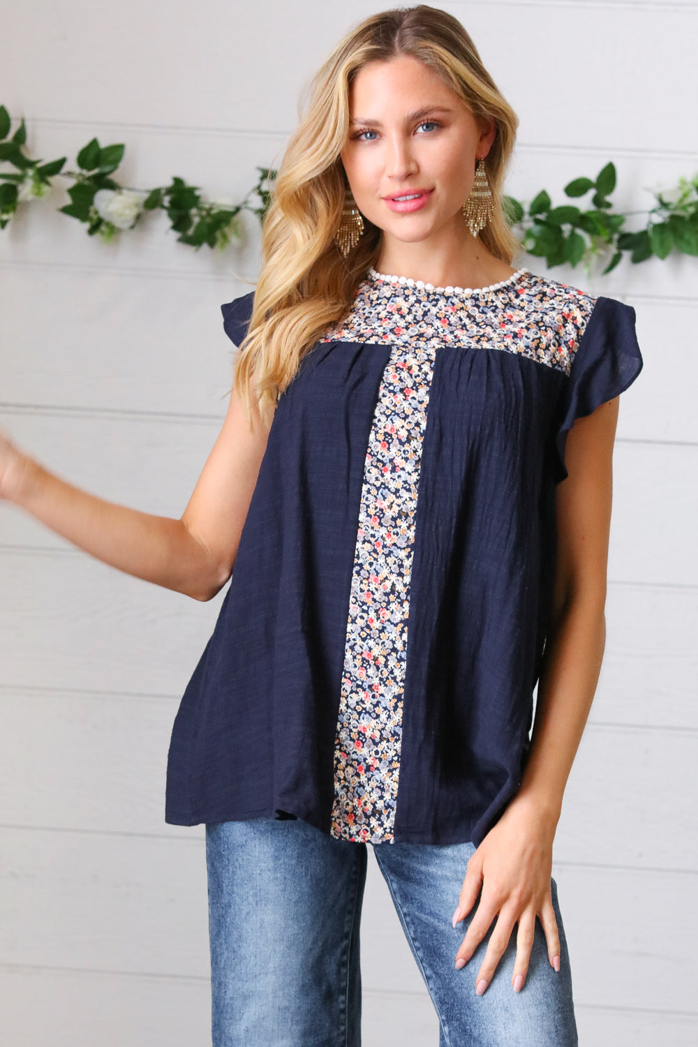Navy Floral Embroidered Flutter Sleeve Top