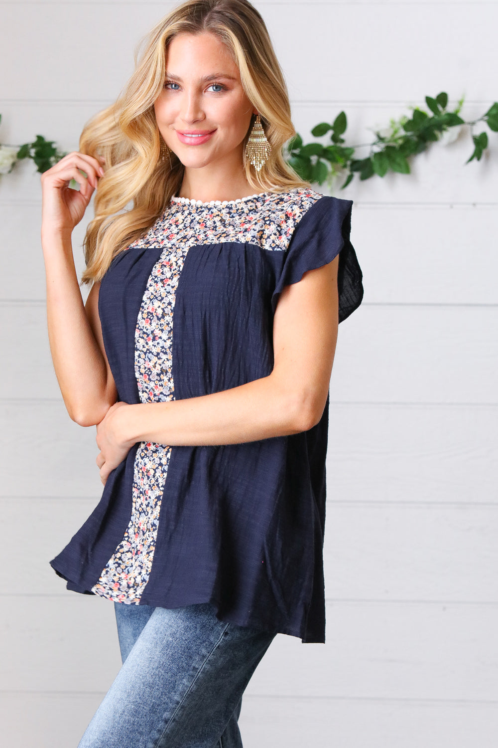 Navy Floral Embroidered Flutter Sleeve Top