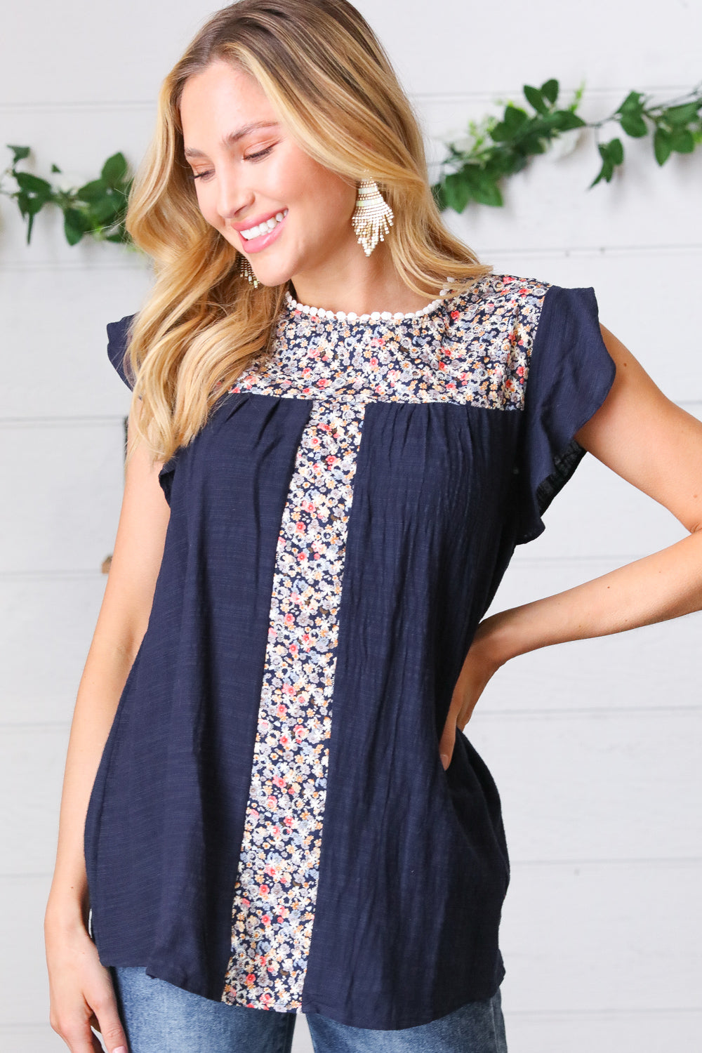 Navy Floral Embroidered Flutter Sleeve Top