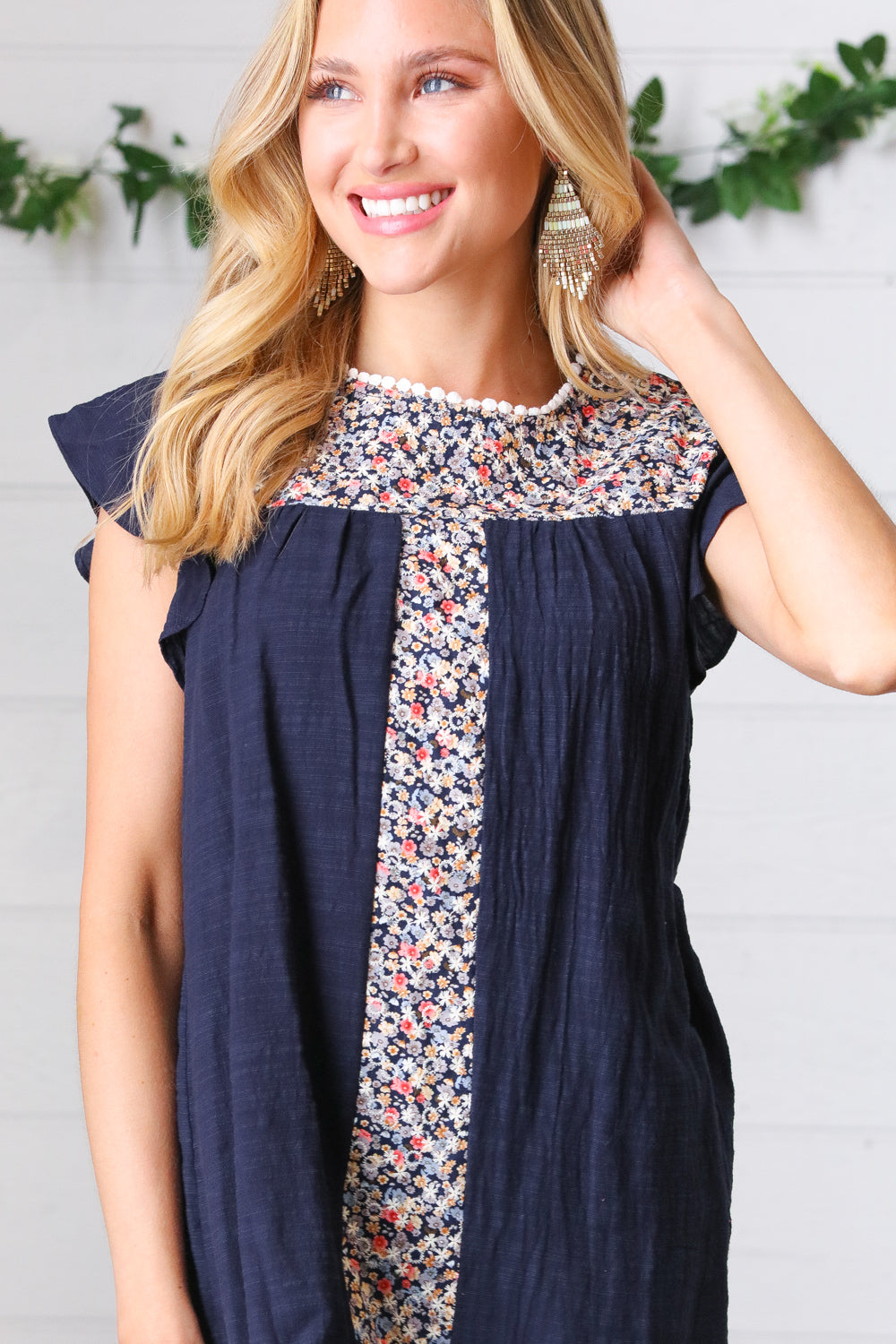Navy Floral Embroidered Flutter Sleeve Top