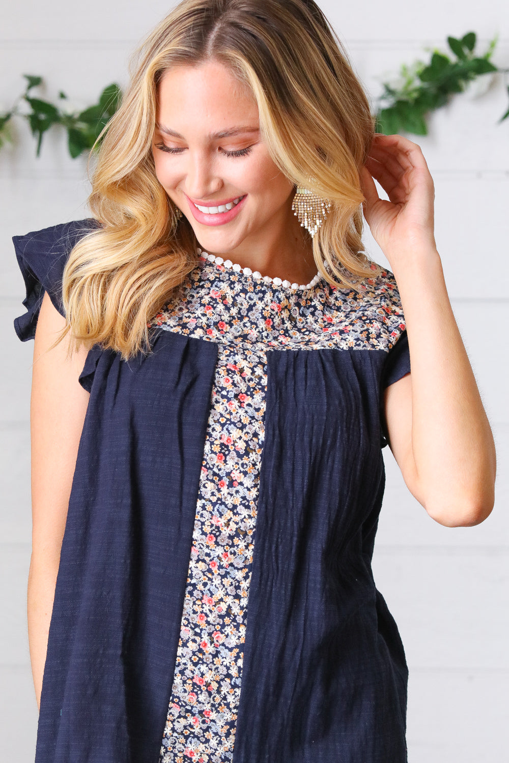 Navy Floral Embroidered Flutter Sleeve Top