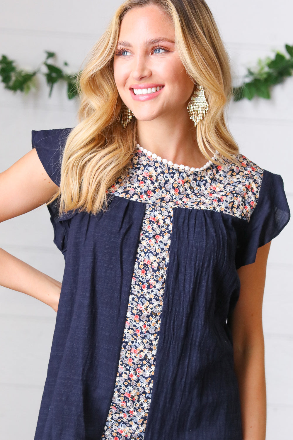 Navy Floral Embroidered Flutter Sleeve Top