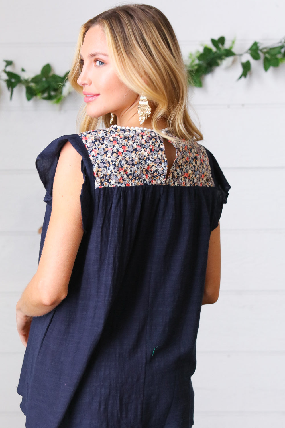 Navy Floral Embroidered Flutter Sleeve Top