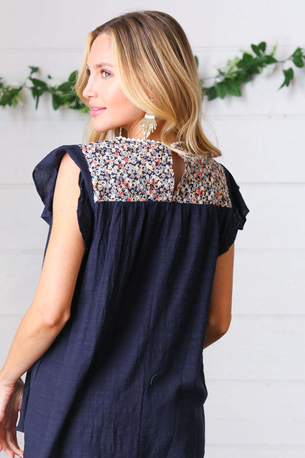 Navy Floral Embroidered Flutter Sleeve Top