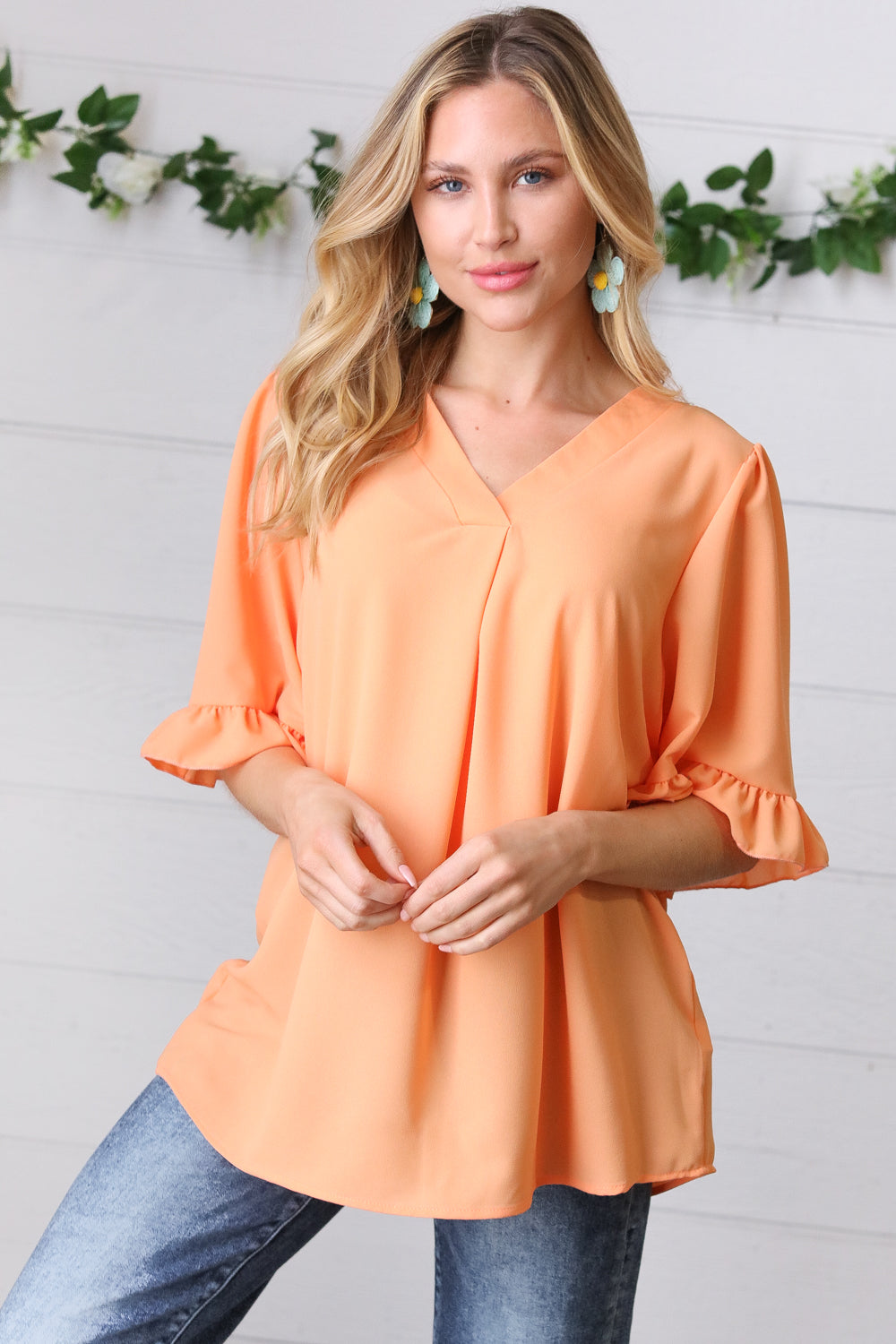 Peach Bell Sleeve V Neck Crepe Top
