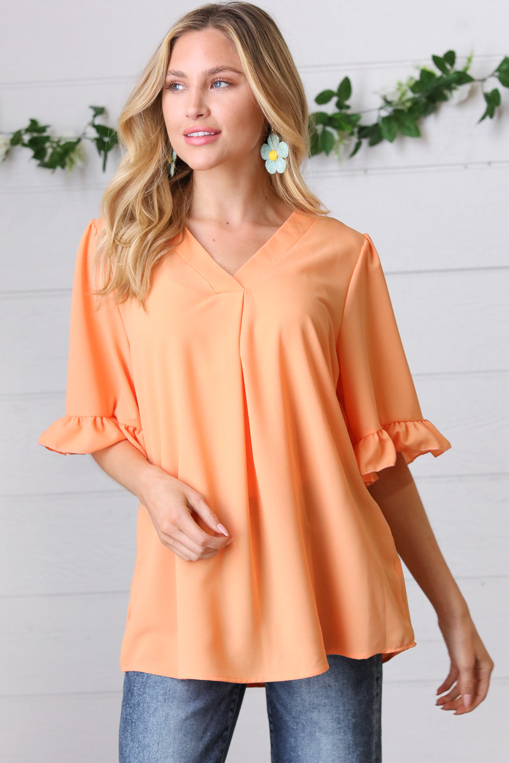 Peach Bell Sleeve V Neck Crepe Top