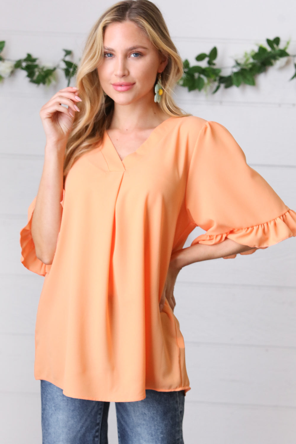 Peach Bell Sleeve V Neck Crepe Top