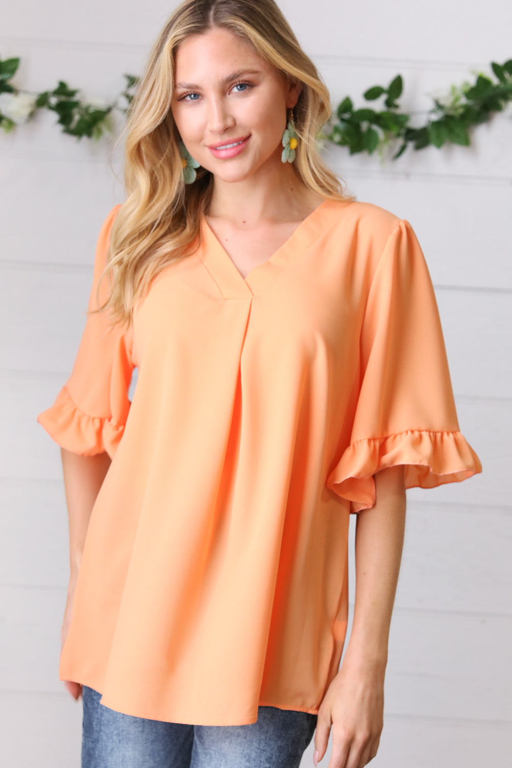 Peach Bell Sleeve V Neck Crepe Top