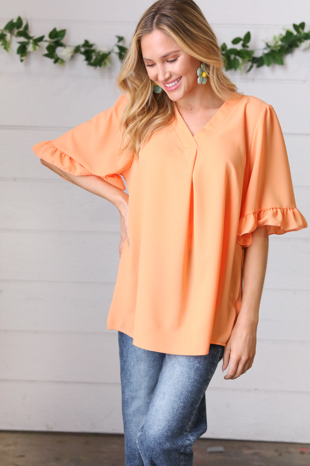 Peach Bell Sleeve V Neck Crepe Top
