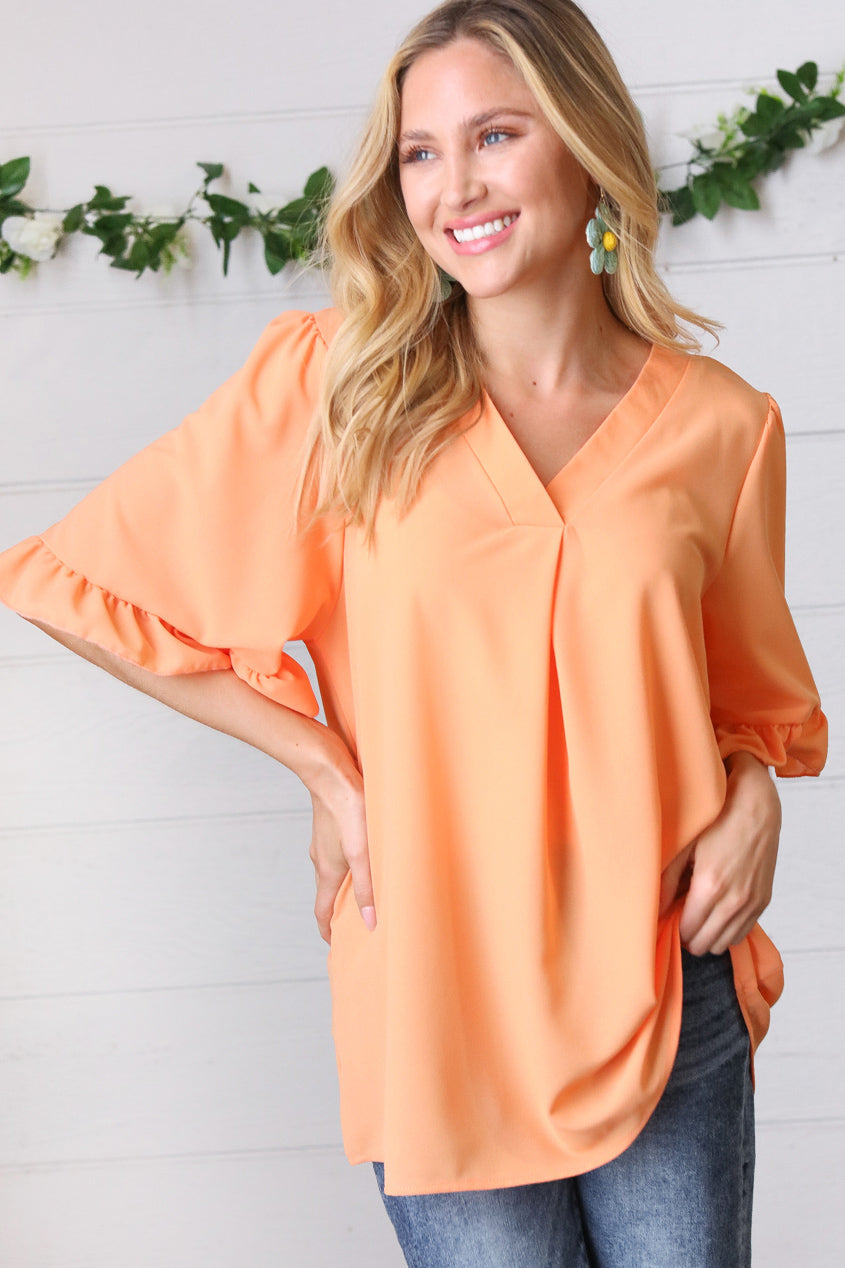 Peach Bell Sleeve V Neck Crepe Top