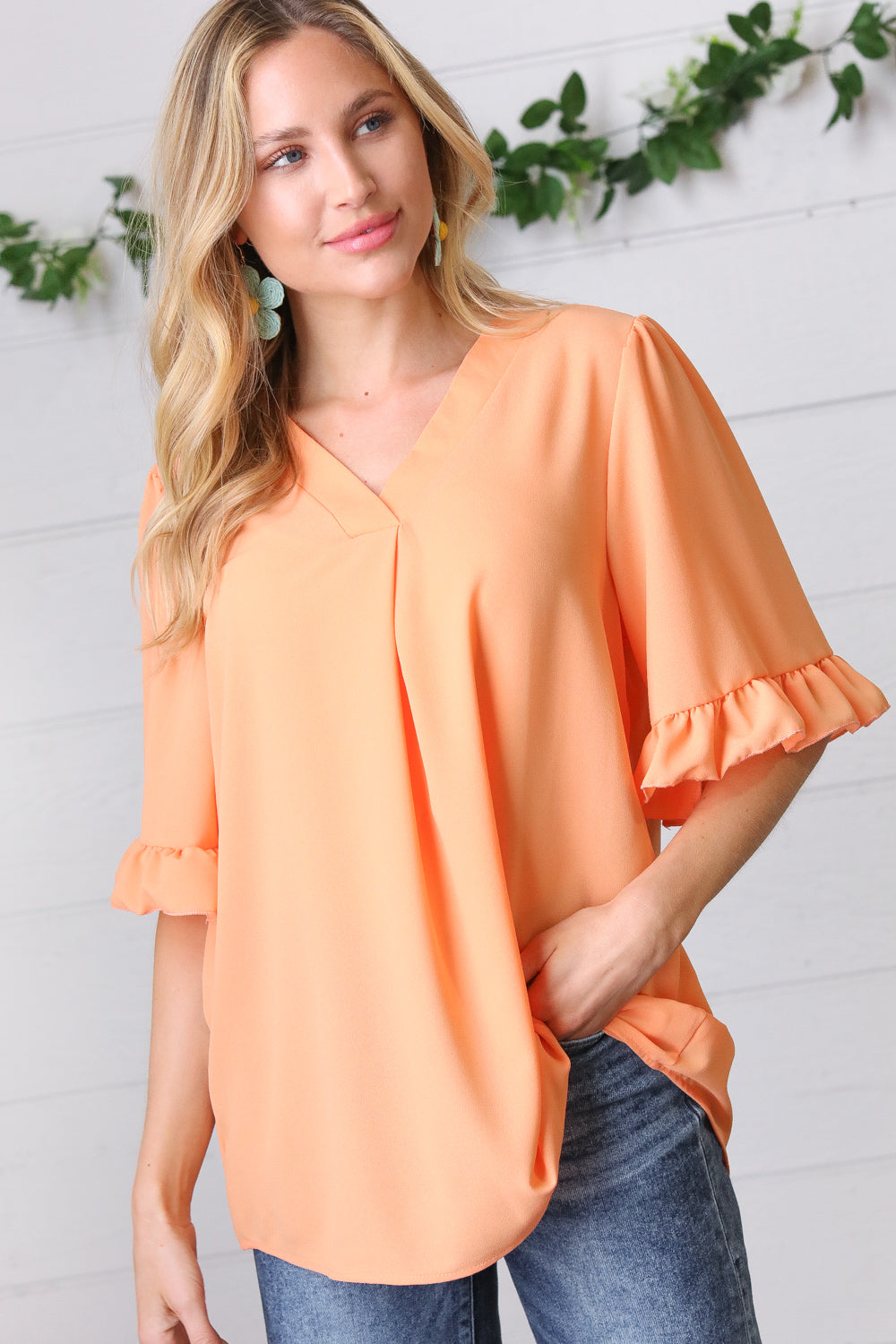 Peach Bell Sleeve V Neck Crepe Top