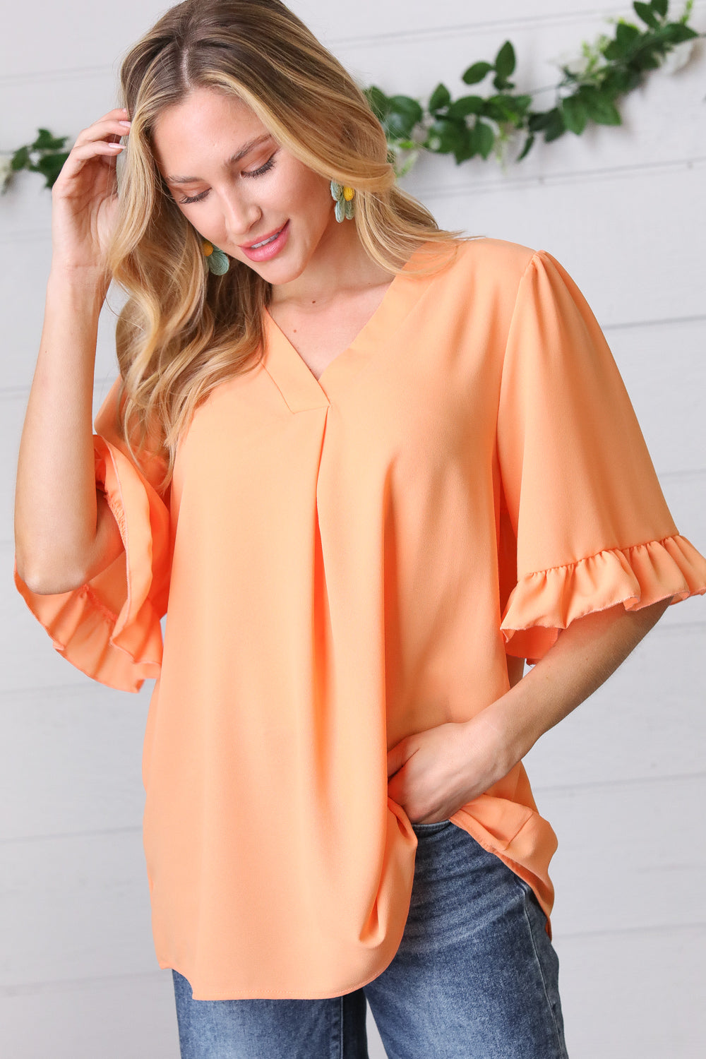 Peach Bell Sleeve V Neck Crepe Top