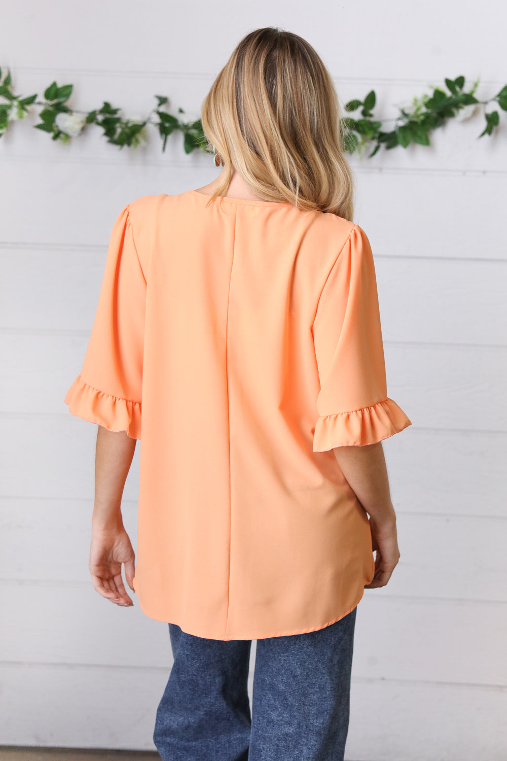 Peach Bell Sleeve V Neck Crepe Top