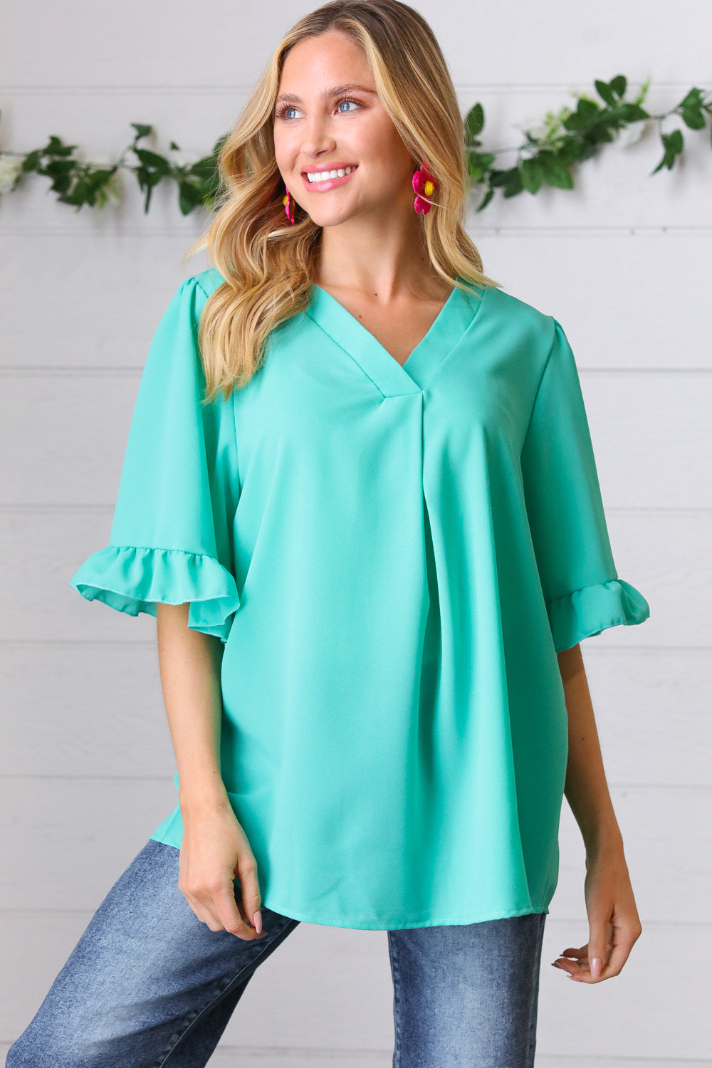 Turquoise Bell Sleeve V Neck Crepe Top