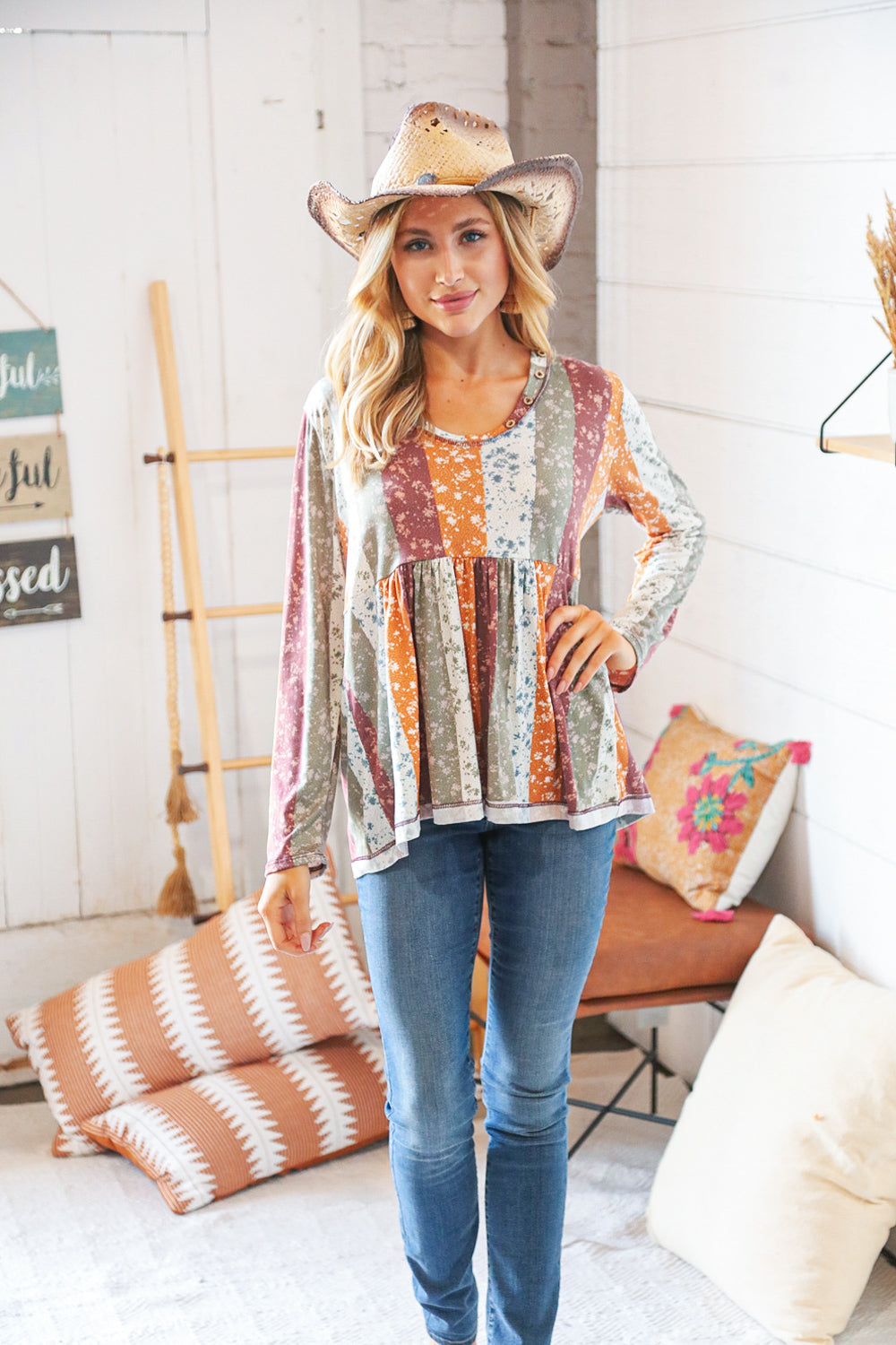 Rust Multicolor Vertical Floral Print Babydoll Top