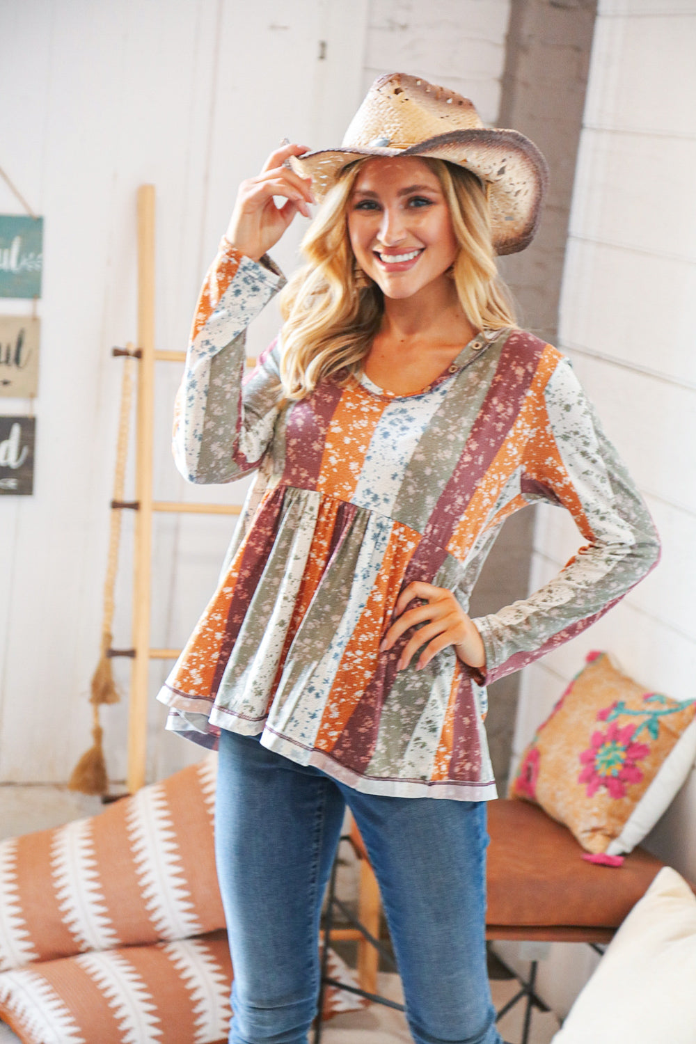 Rust Multicolor Vertical Floral Print Babydoll Top