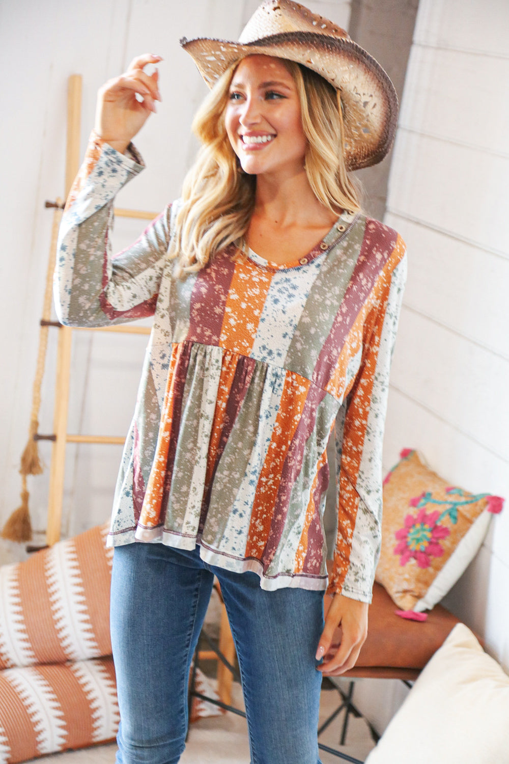 Rust Multicolor Vertical Floral Print Babydoll Top