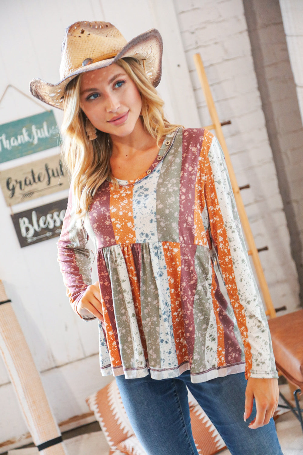 Rust Multicolor Vertical Floral Print Babydoll Top