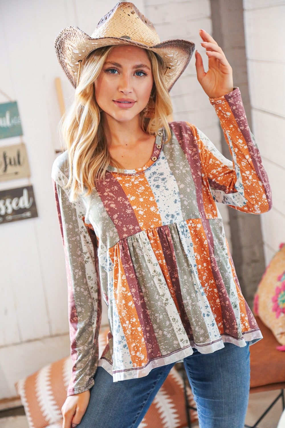 Rust Multicolor Vertical Floral Print Babydoll Top