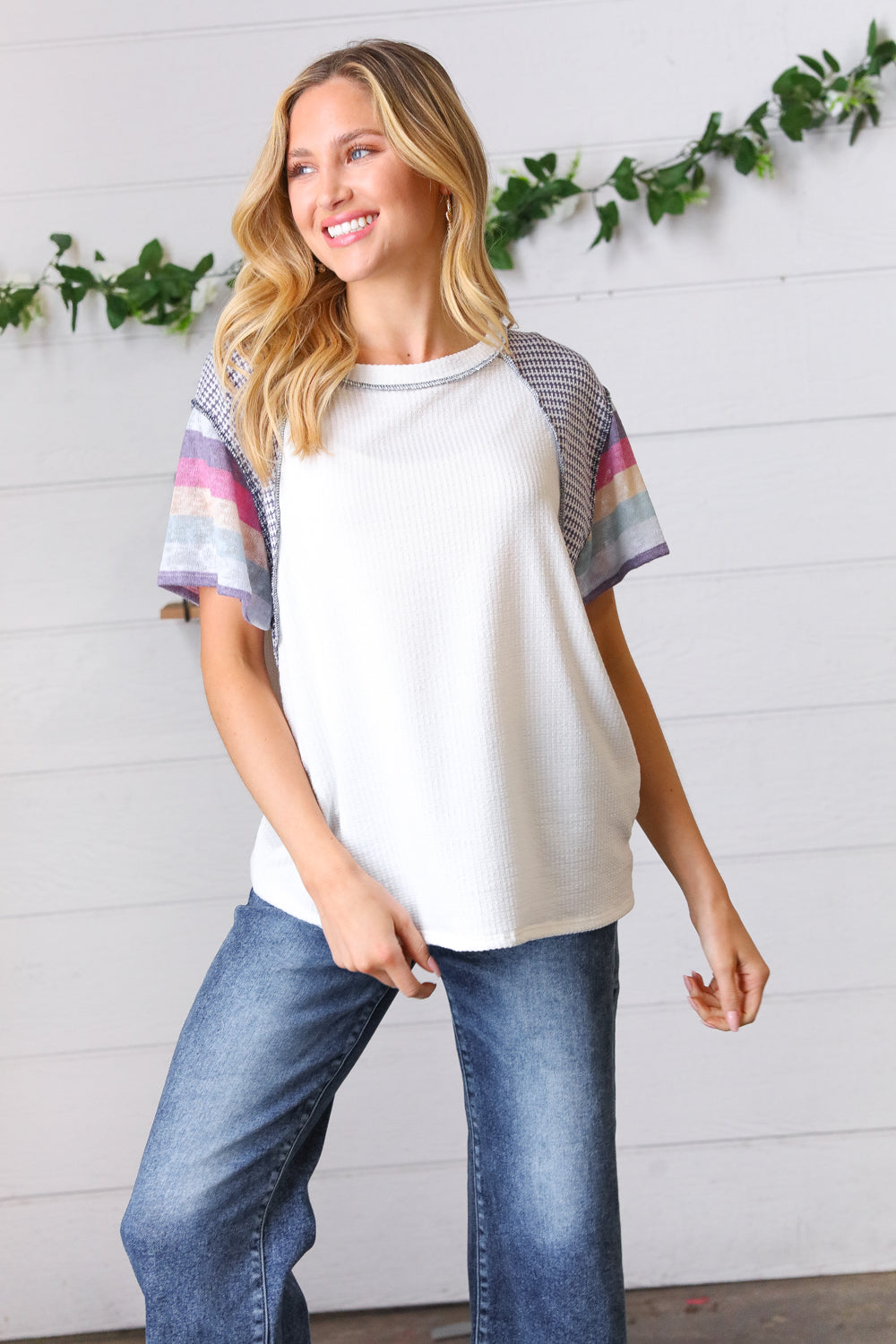 Violet & White Two Tone & Stripe Outseam Top