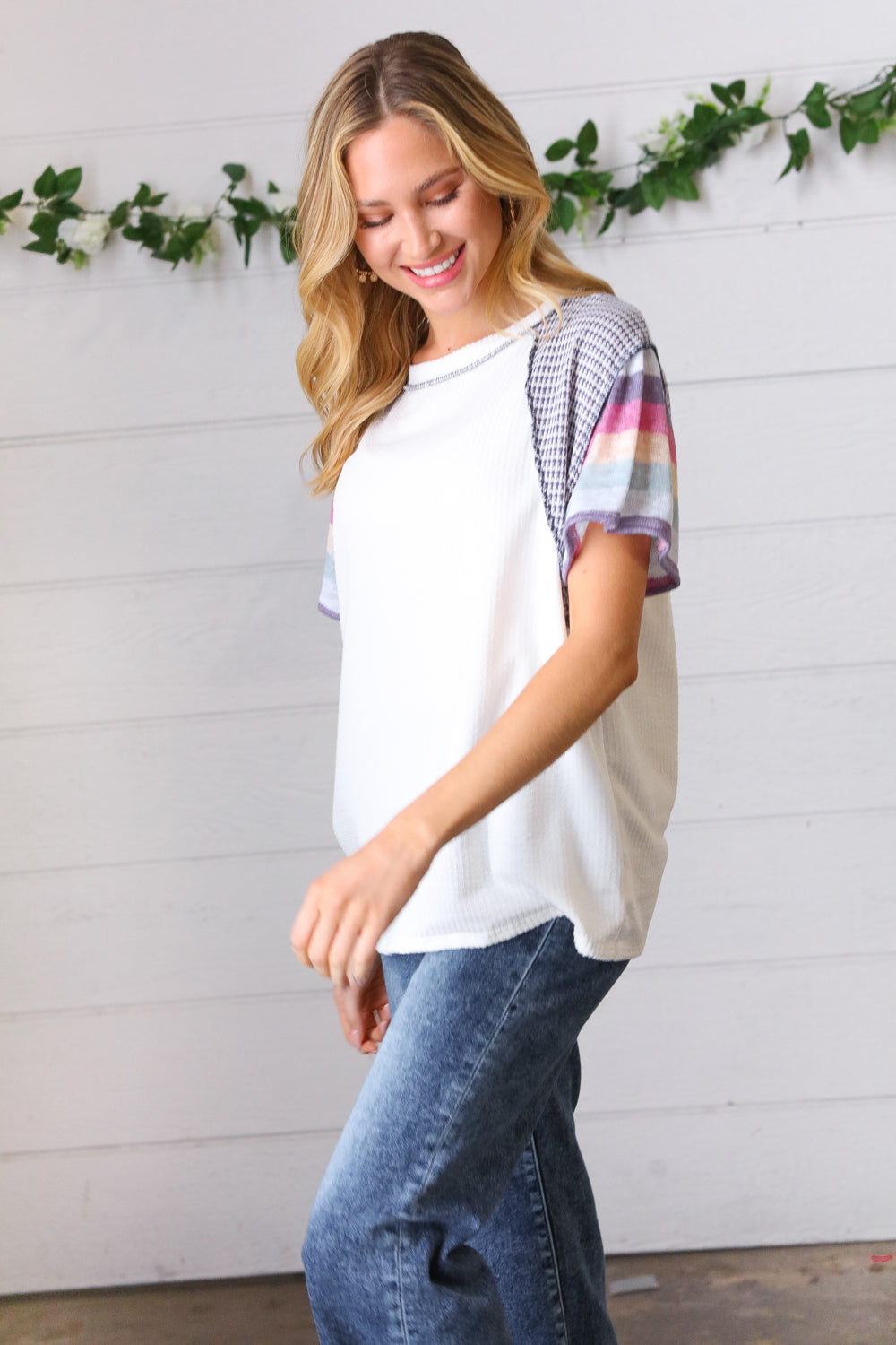 Violet & White Two Tone & Stripe Outseam Top