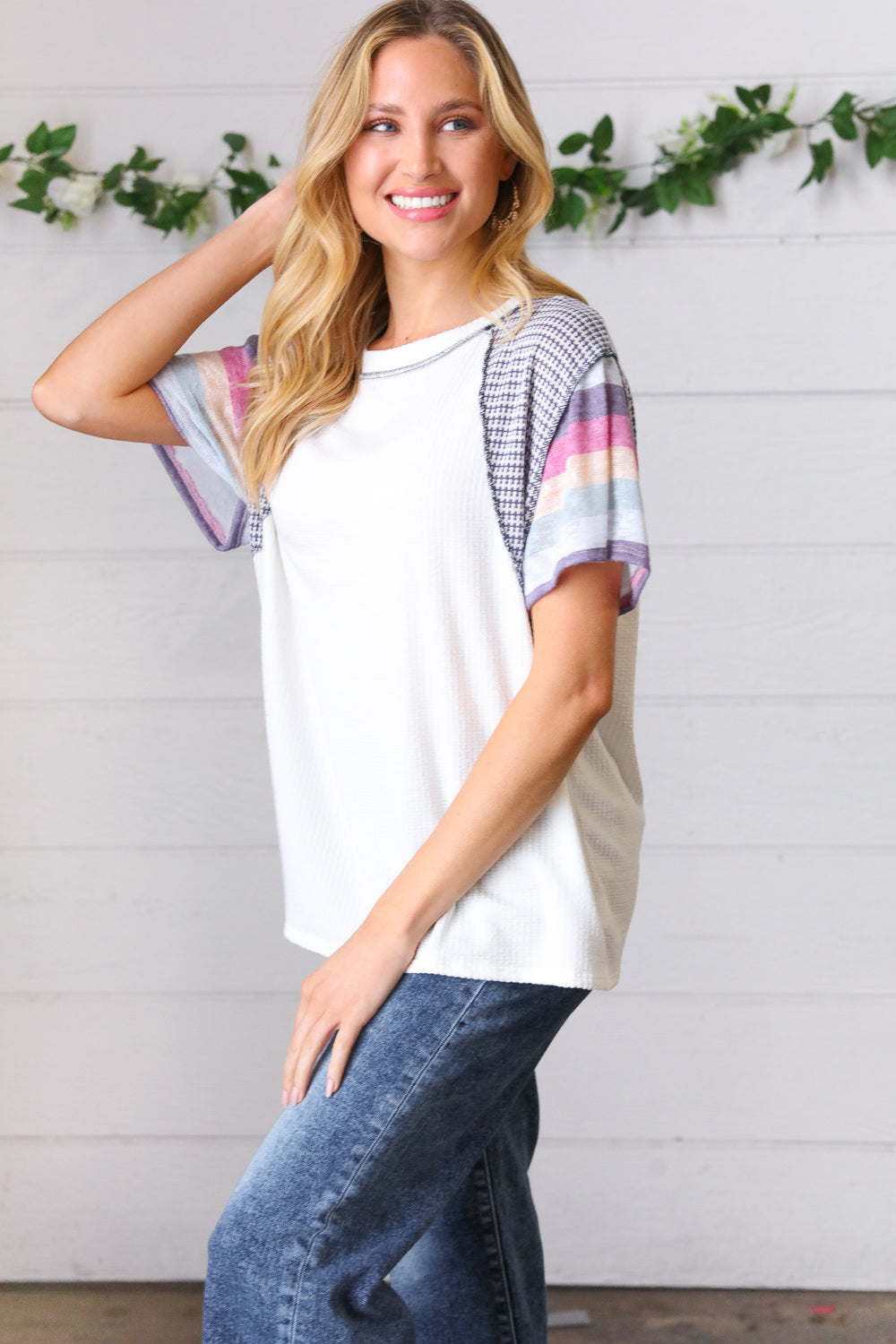 Violet & White Two Tone & Stripe Outseam Top