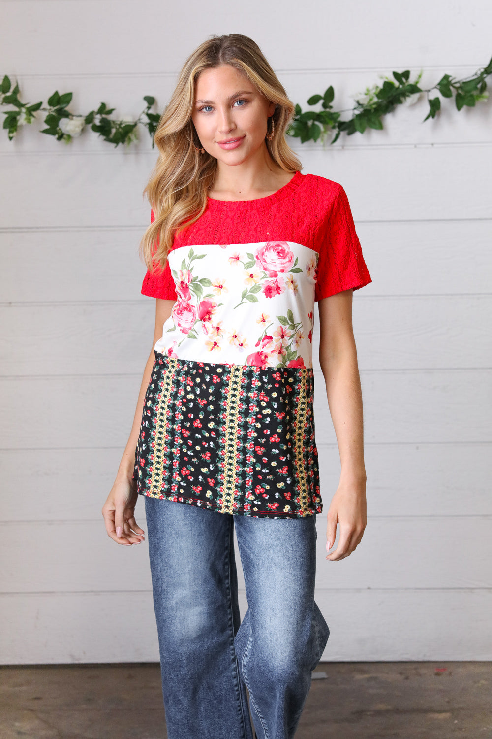 Cherry Red Lace & Floral Color Block Top