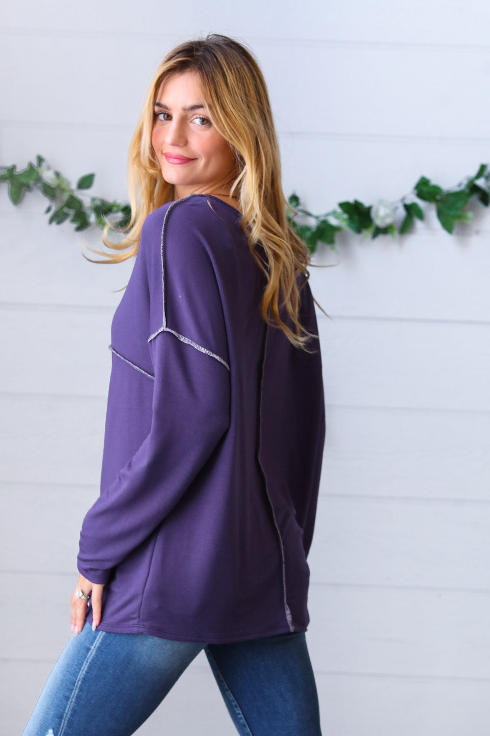 Purple Button Down Terry Outseam Top