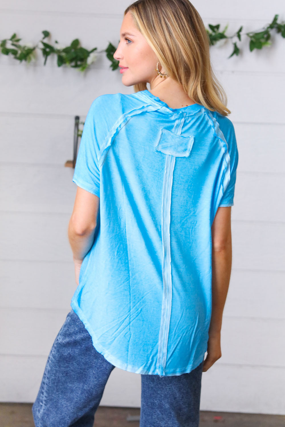 Washed Blue Raw Edge Short Sleeve Top