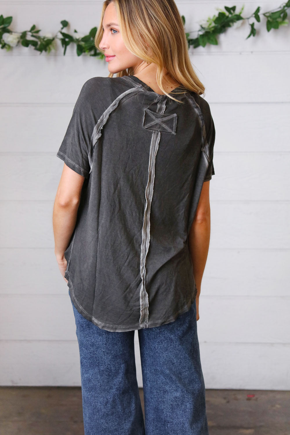 Washed Black Raw Edge Short Sleeve Top