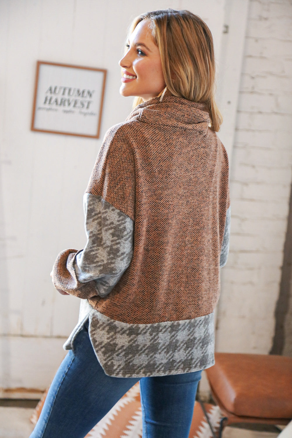 Taupe Two-Tone Bushed Hacci Houndstooth Turtle Neck