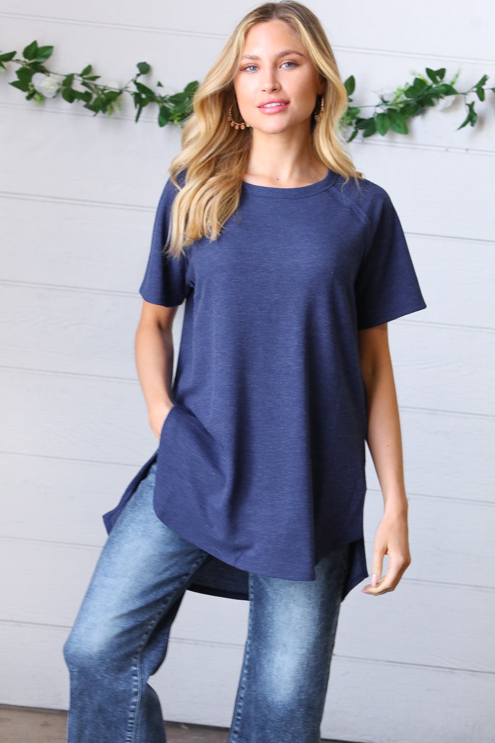 Navy Mélange Baby Waffle Hi-Low Slit Top