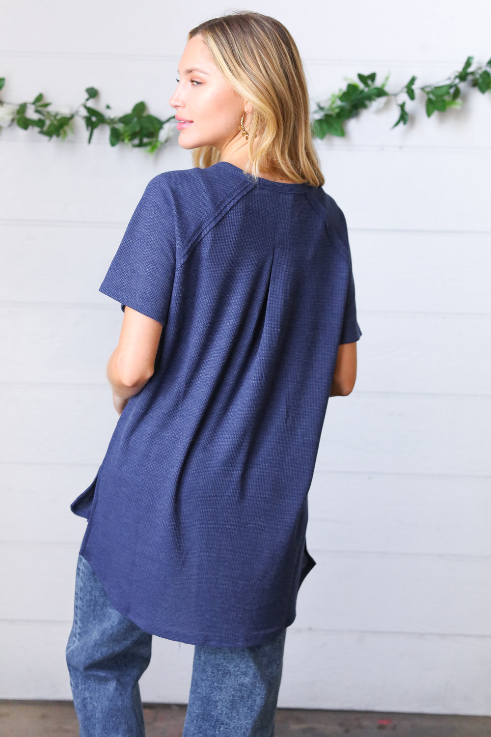 Navy Mélange Baby Waffle Hi-Low Slit Top