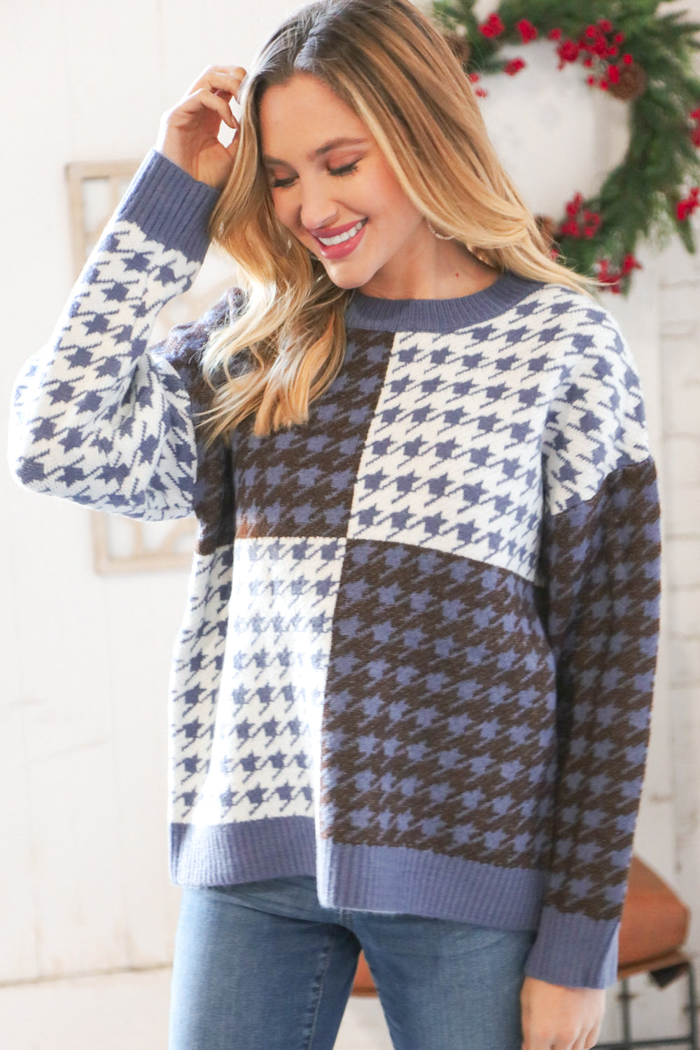 Blue & White Holiday Pattern Ribbed Knit Sweater