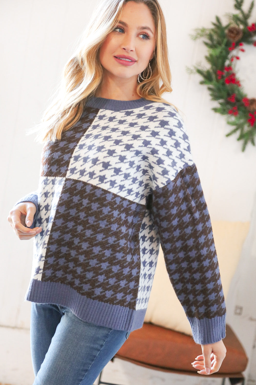 Blue & White Holiday Pattern Ribbed Knit Sweater