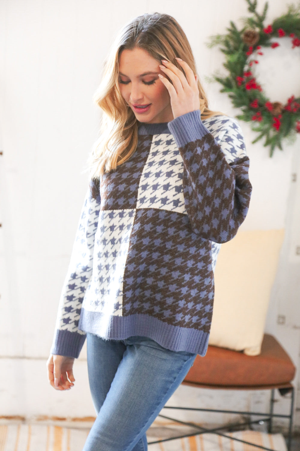 Blue & White Holiday Pattern Ribbed Knit Sweater
