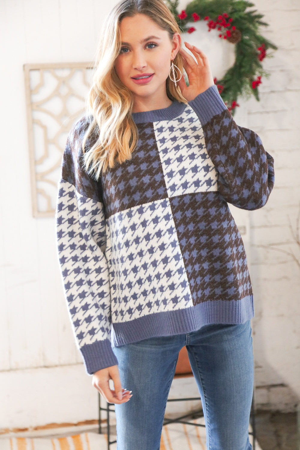 Blue & White Holiday Pattern Ribbed Knit Sweater