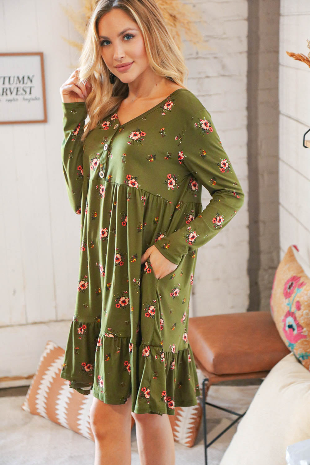 Olive Placard Yoke Ruffle Hem Pocketed Fit & Flare Dress