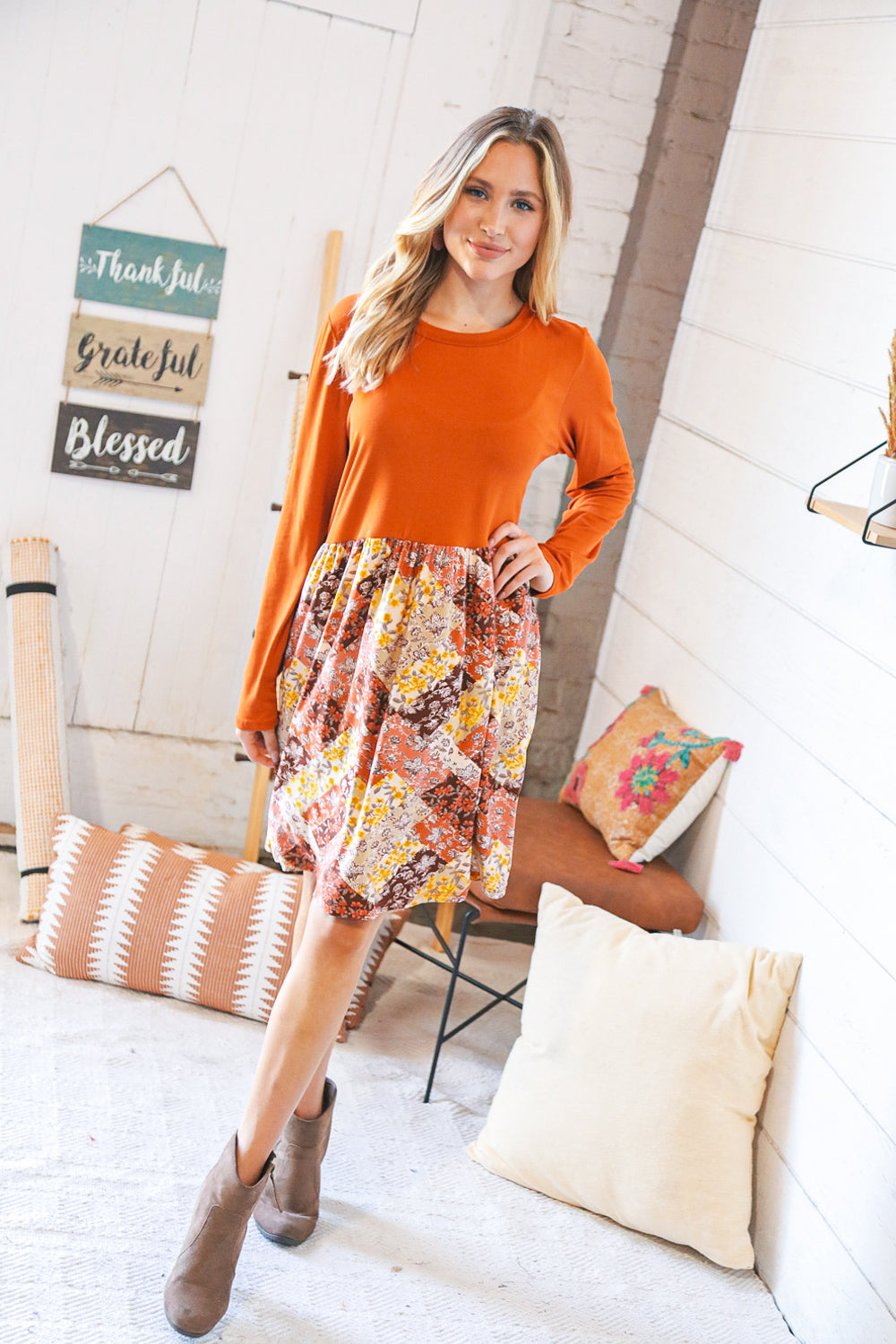 Rust Two Fer Color Block Floral Patchwork Dress