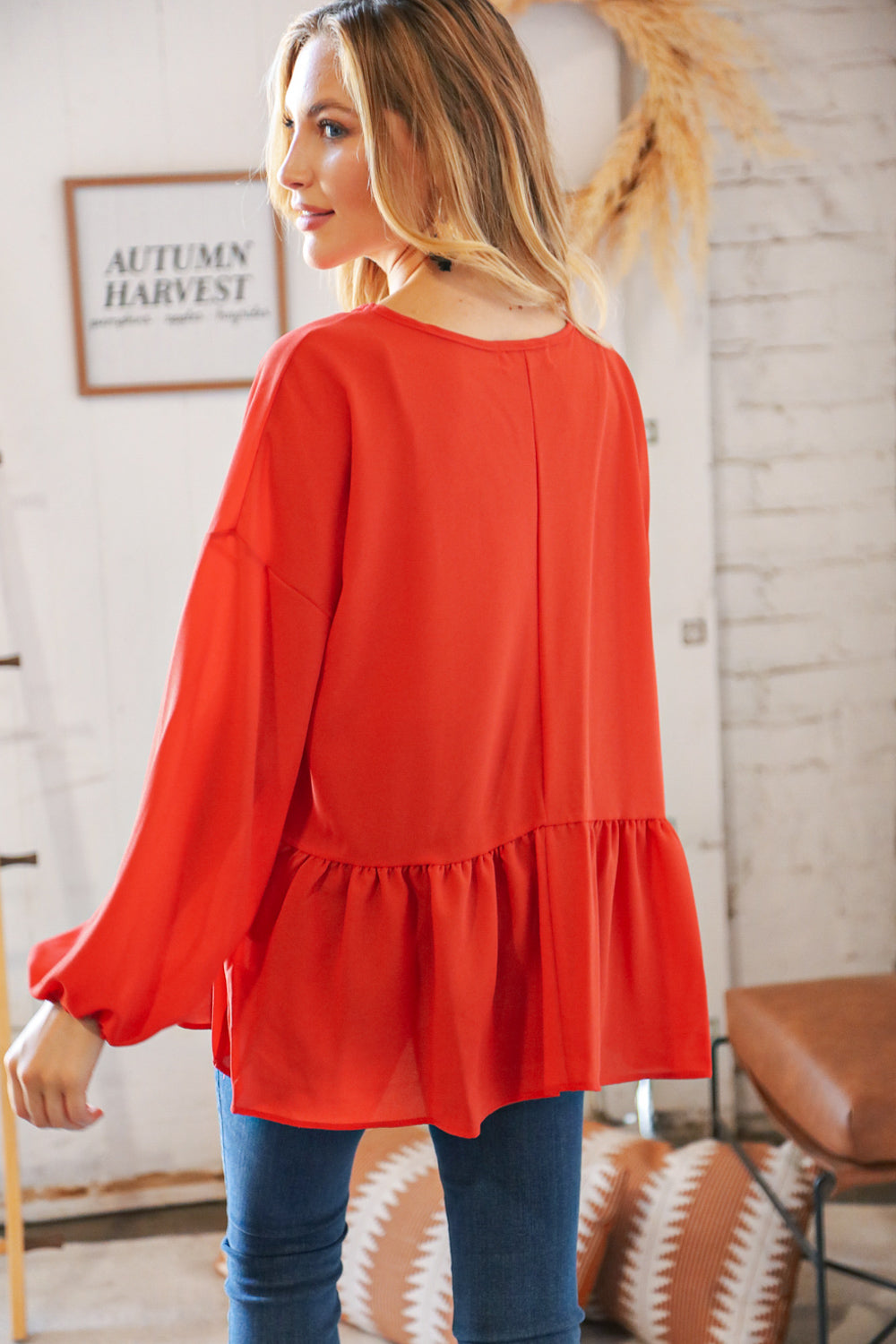 Deep Rust V Neck Woven Babydoll Top