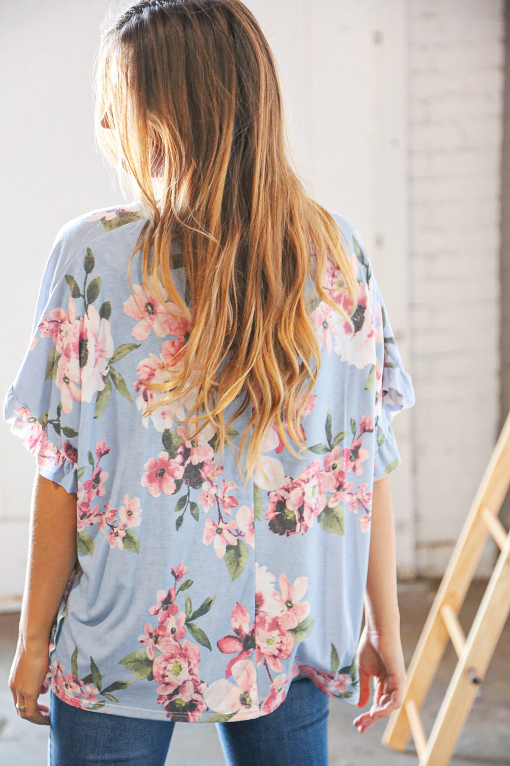 Dusty Blue Floral Ruffle Dolman V Neck Top