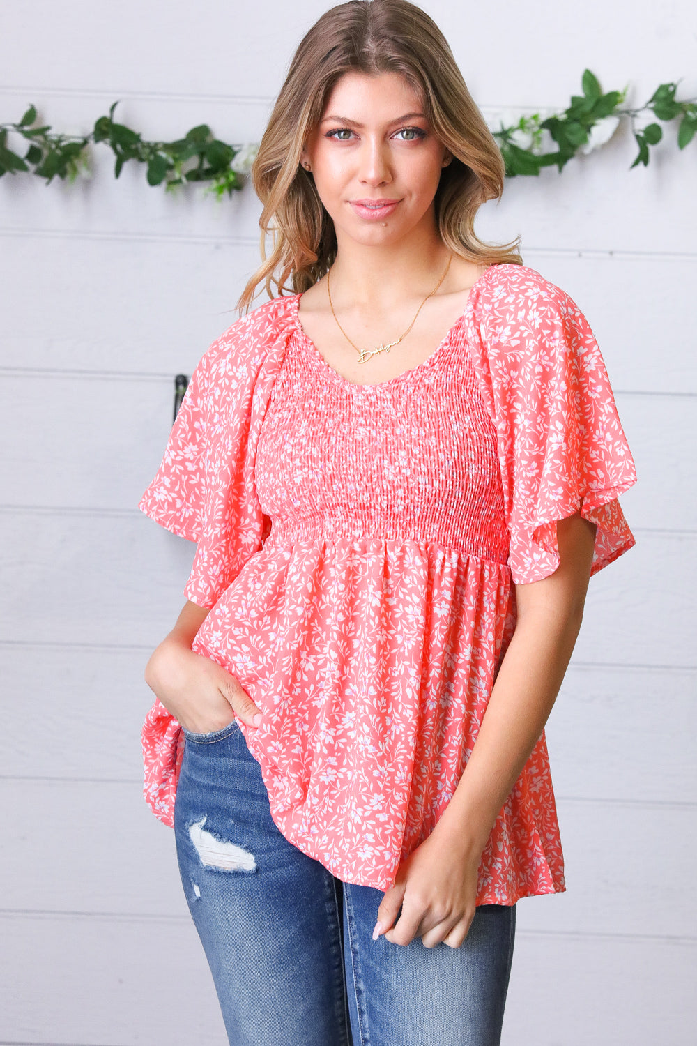 Peach Floral Smocked Flutter Sleeve Top