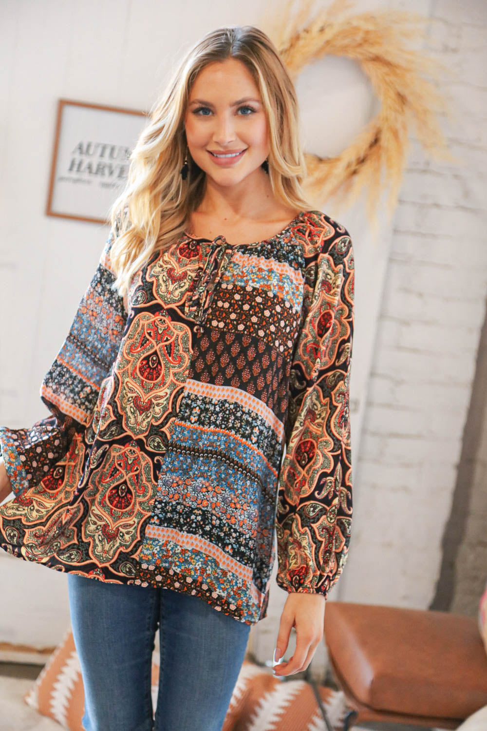 Multicolor Floral Color Block Raglan Peasant Woven Top